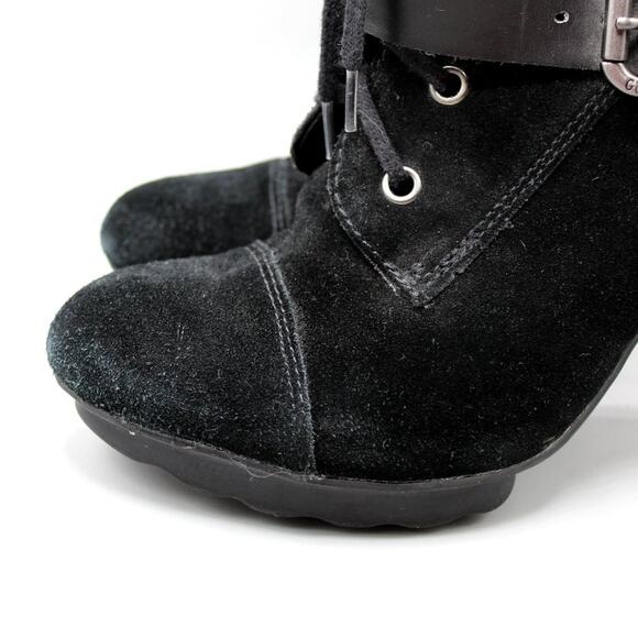 GUESS Lace Up Black Leather Heeled Booties Size 8 - Picture 7 of 10